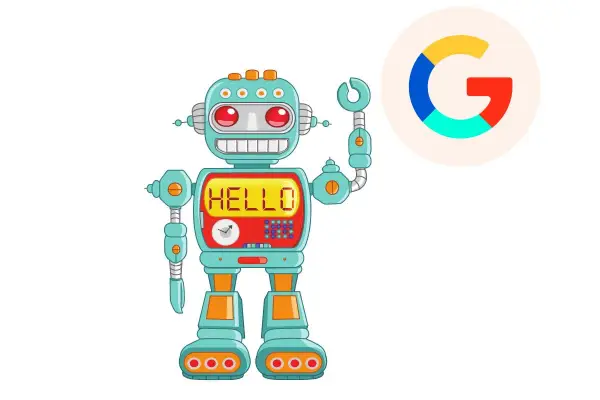 Robot z napisem "HELLO" i logo Google. To pokazuje, co oznacza rel w kontekście technologii i komunikacji.